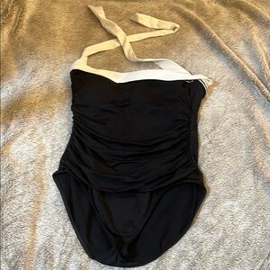 Ralph Loren Black and White Ruched Bandeau One Piece